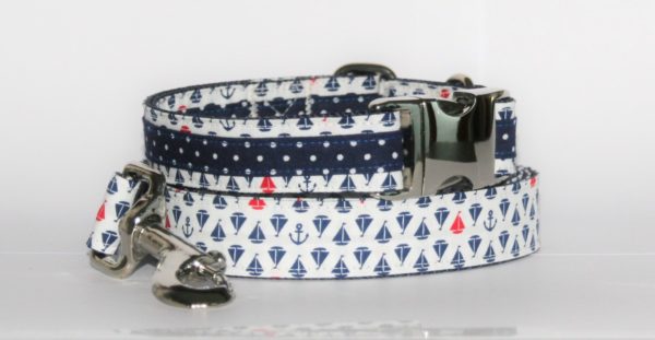 Hundehalsband und Hundeleine weiß-blau-rot Maritim als Set in unterschiedlichen Varianten erhältlich